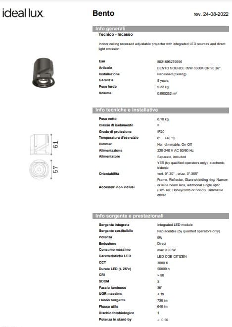 Ideal-Lux Spot Bento Sursă 09W 3000K CRI90 36° 3