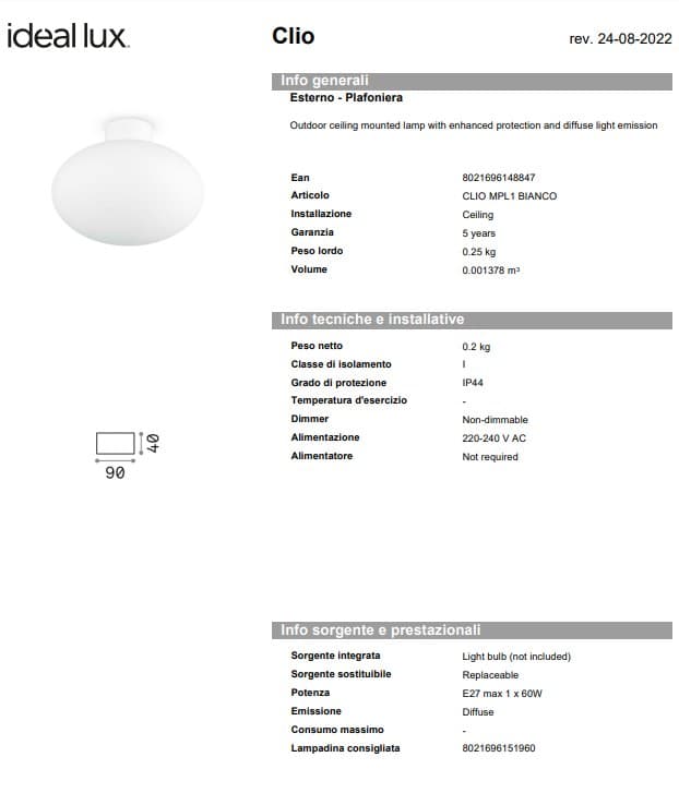 Ideal-Lux Plafonieră Exterior Clio MPL1 5