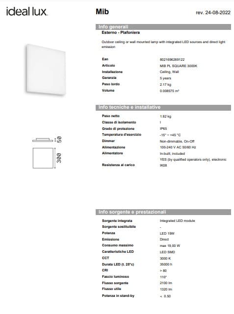 Ideal-Lux Plafonieră Exterior Pătrată MIB PL 2