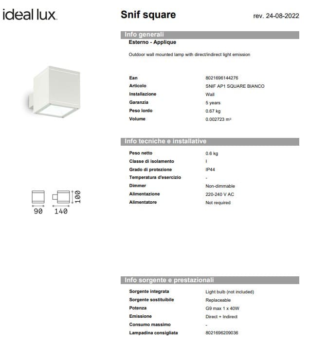 Ideal-Lux Aplica Exterior Snif Square AP1 7
