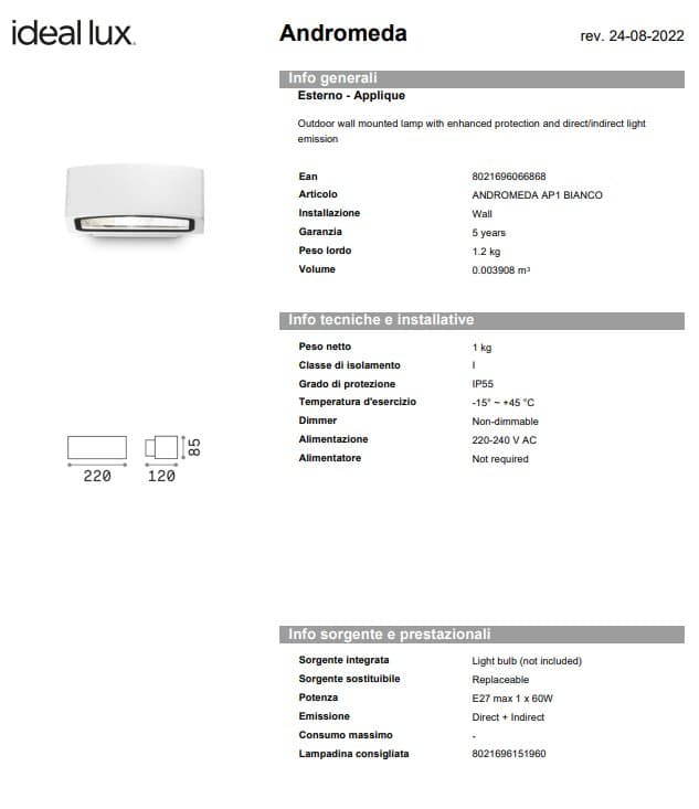 Ideal-Lux Aplica Exterior Andromeda AP1 8