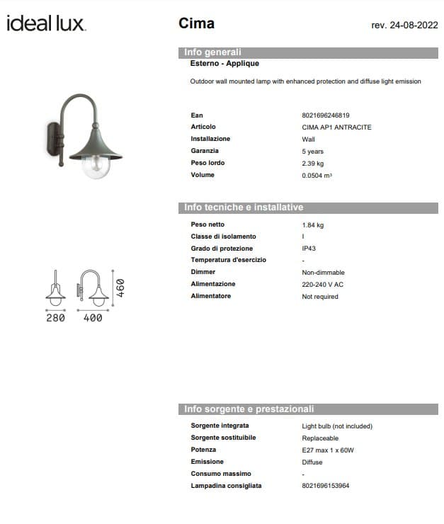 Ideal-Lux Aplica Exterior AP1 pentru Decorat Spații în Aer Liber 5