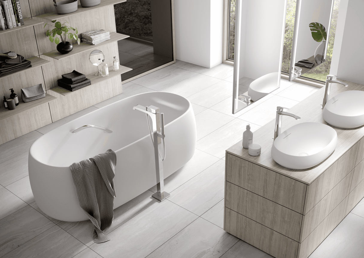 Cadă Flotation, design rotund, freestanding (insulă) cu mânere integrate